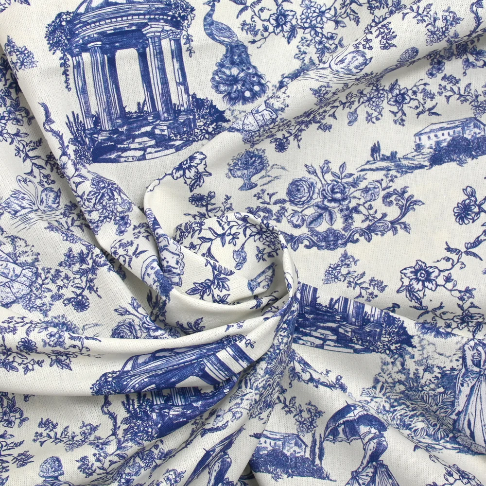 Coton imprimé toile de Jouy Maël bleu fond écru - Image 2