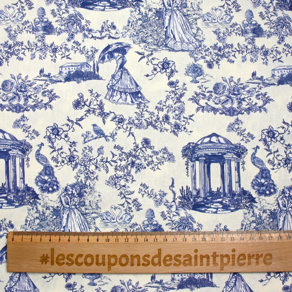 Coton imprimé toile de Jouy Maël bleu fond écru - Image 3