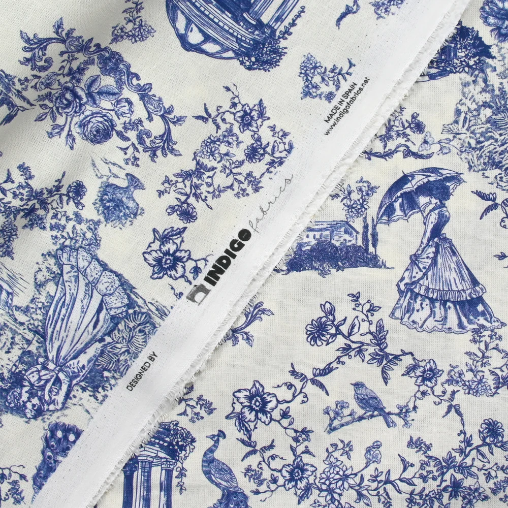 Coton imprimé toile de Jouy Maël bleu fond écru - Image 4