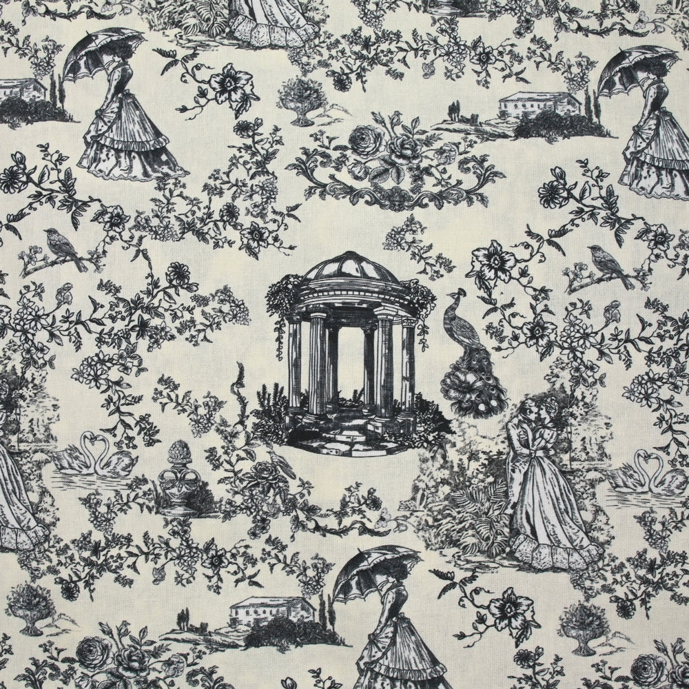 Coton imprimé toile de Jouy Maël gris fond écru