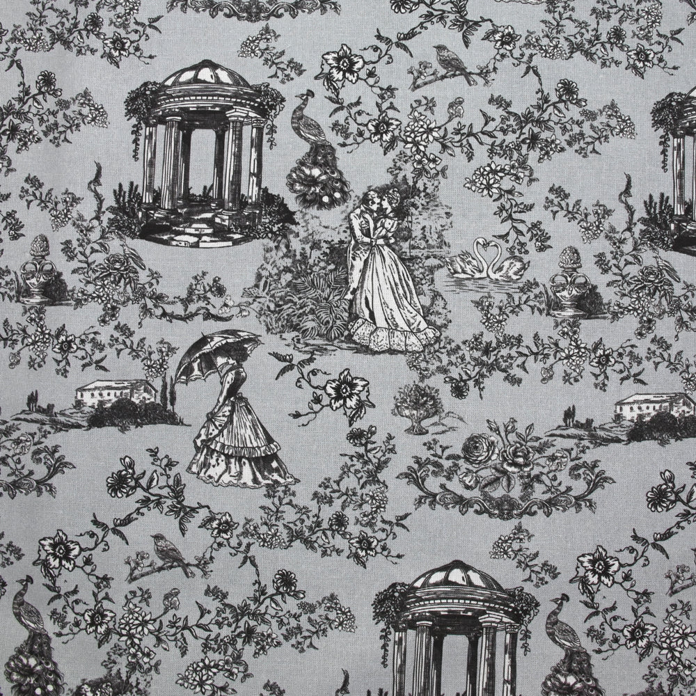 Coton imprimé toile de Jouy Maël noir fond gris bleuté