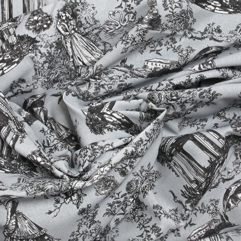 Coton imprimé toile de Jouy Maël noir fond gris bleuté - Image 2