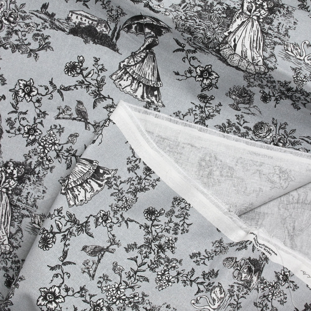 Coton imprimé toile de Jouy Maël noir fond gris bleuté - Image 3