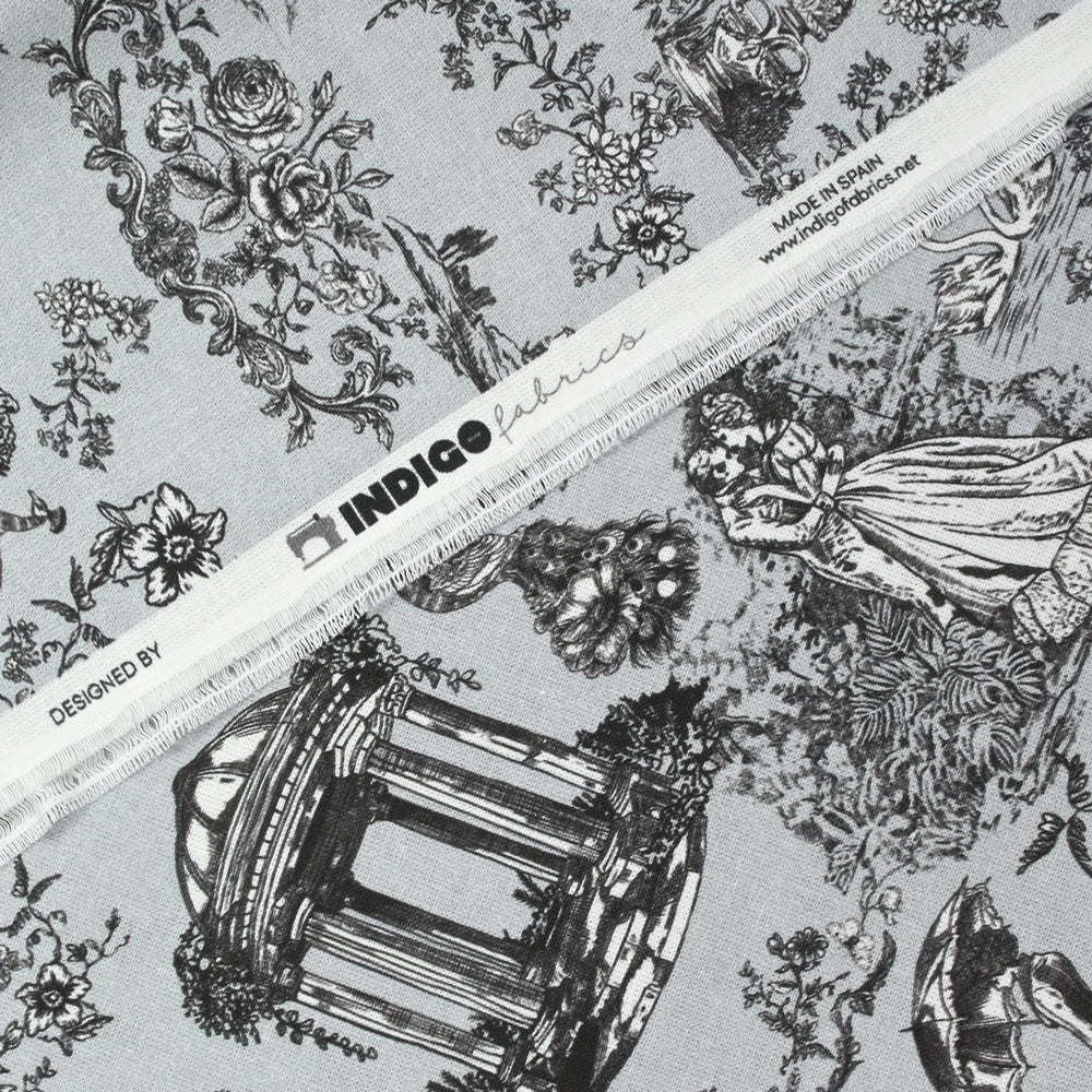 Coton imprimé toile de Jouy Maël noir fond gris bleuté - Image 4