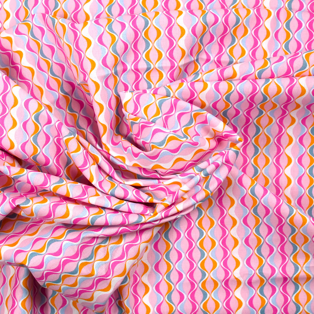 Coton imprimé vague fond rose - Image 2