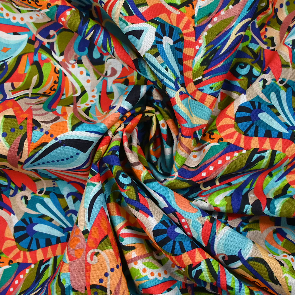 Coton imprimé Zélia bleu, kaki et orange - Image 2