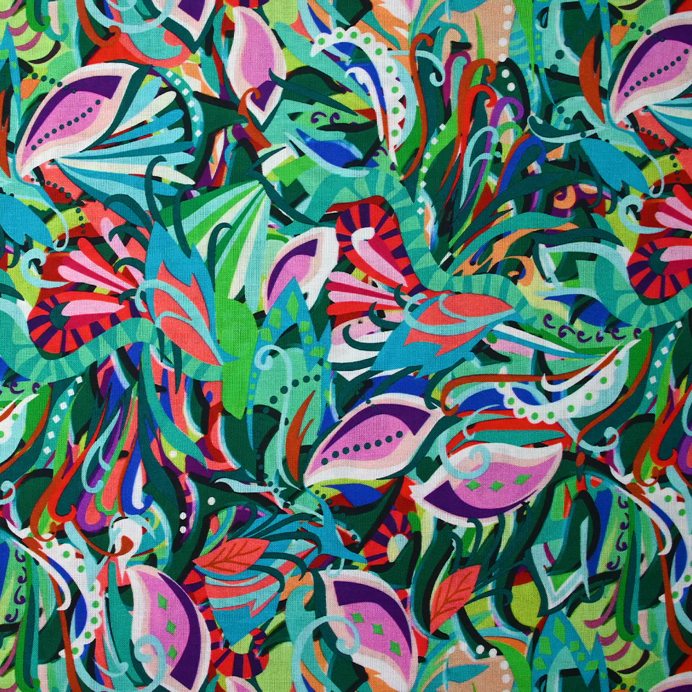 Coton imprimé Zélia turquoise, vert et corail