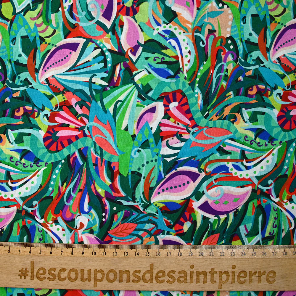 Coton imprimé Zélia turquoise, vert et corail - Image 3