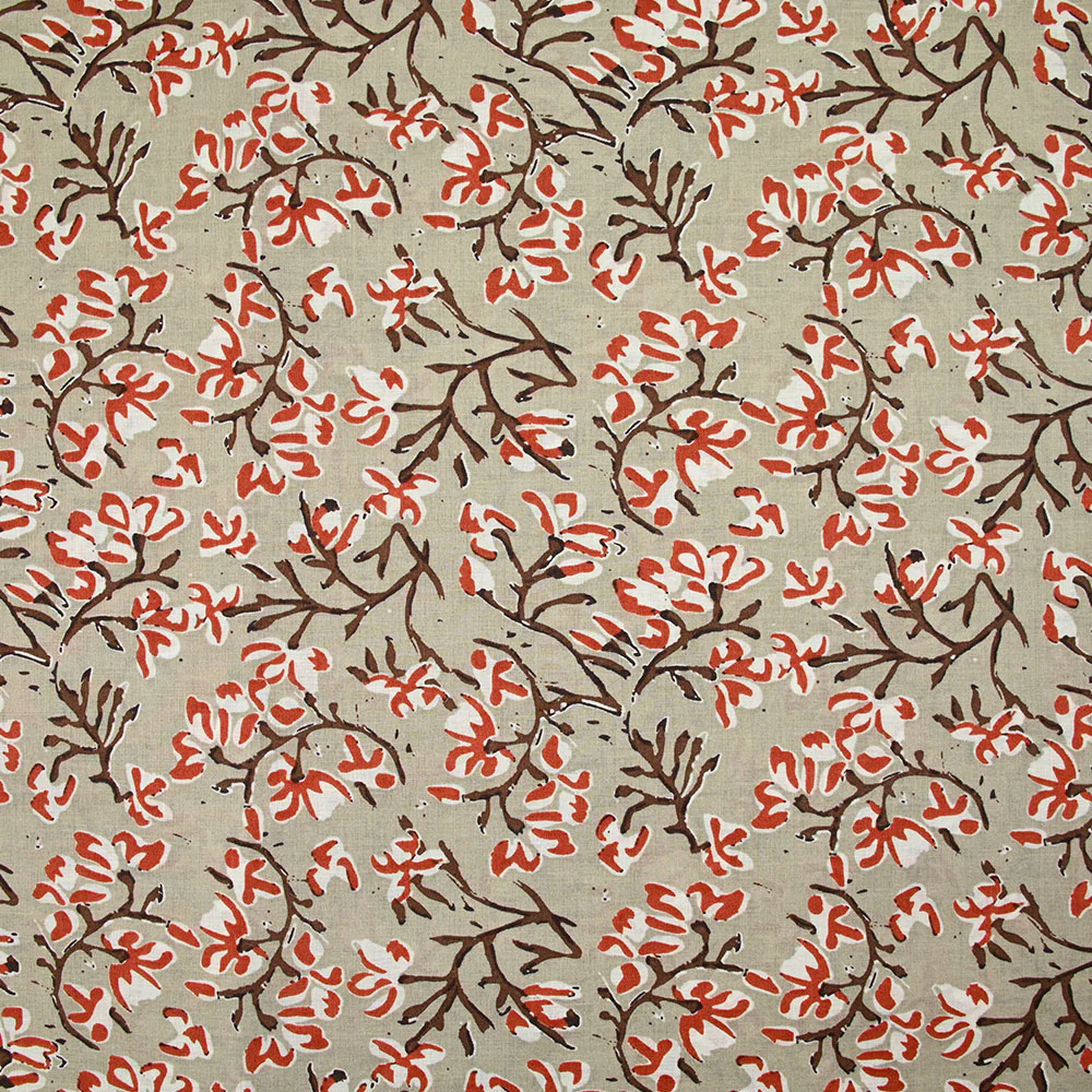 Coton indien imprimé branche et fleur brique fond taupe
