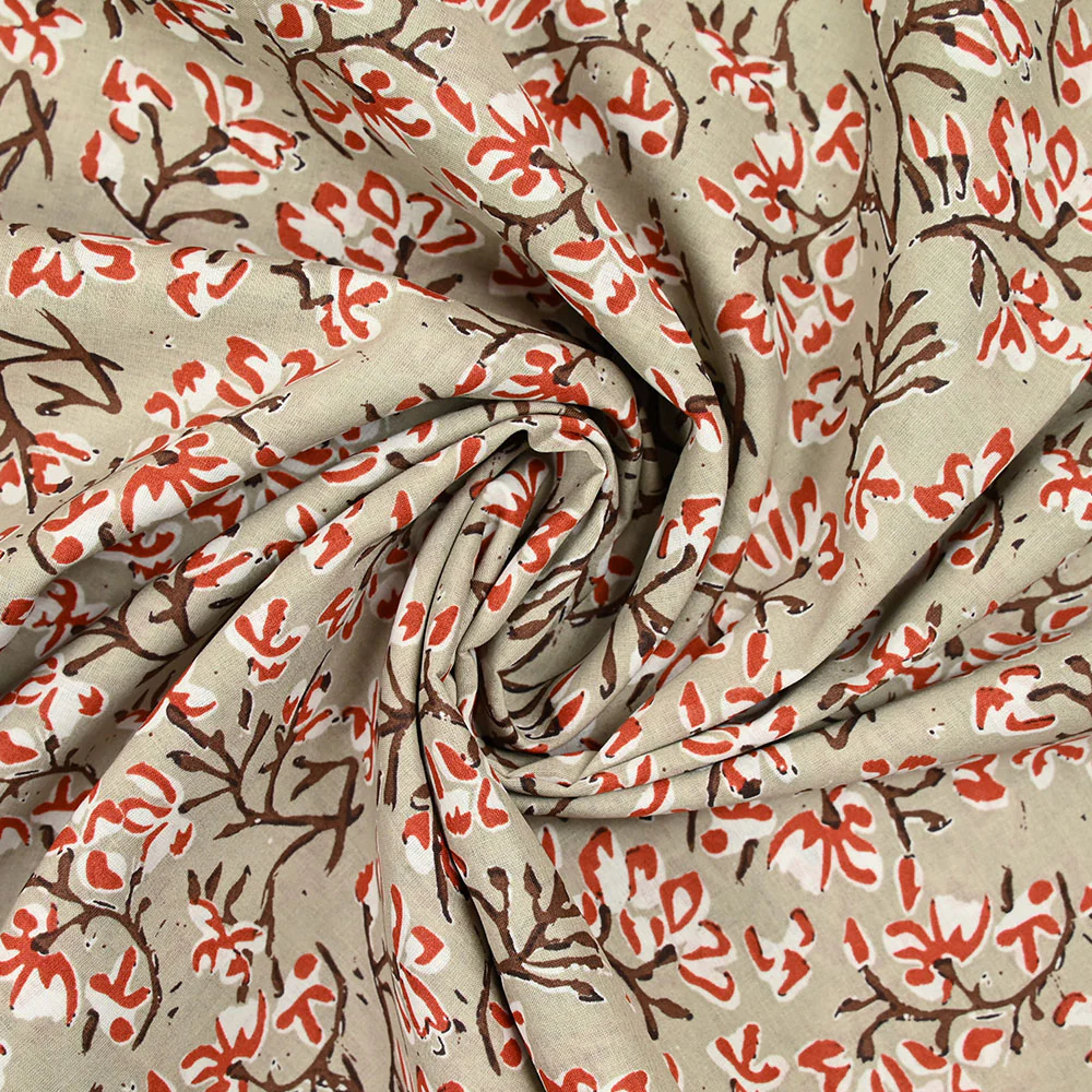 Coton indien imprimé branche et fleur brique fond taupe - Image 2