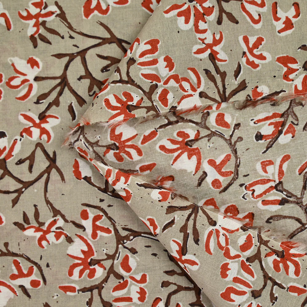 Coton indien imprimé branche et fleur brique fond taupe - Image 3