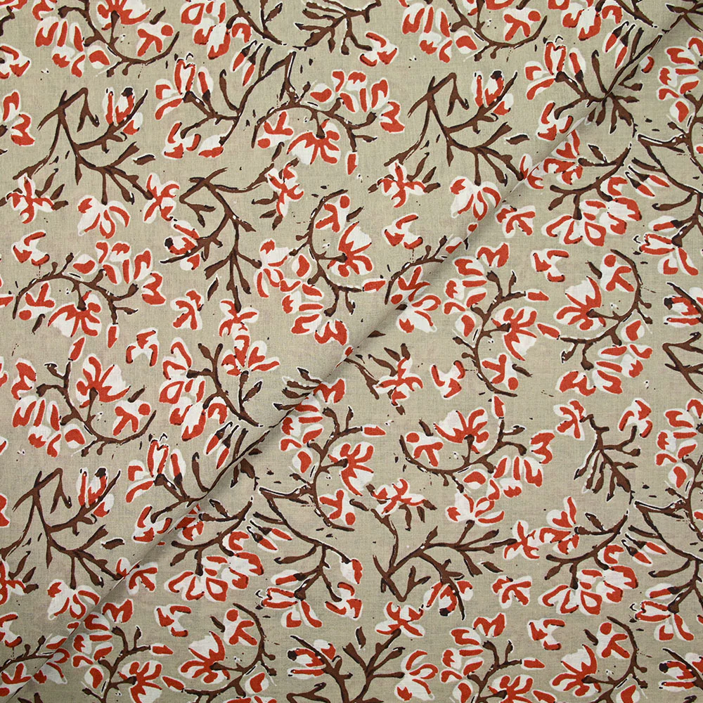 Coton indien imprimé branche et fleur brique fond taupe - Image 4