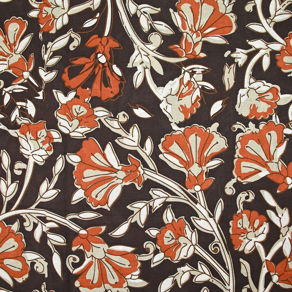 Coton indien imprimĂ© champĂȘtre brique et taupe fond marron