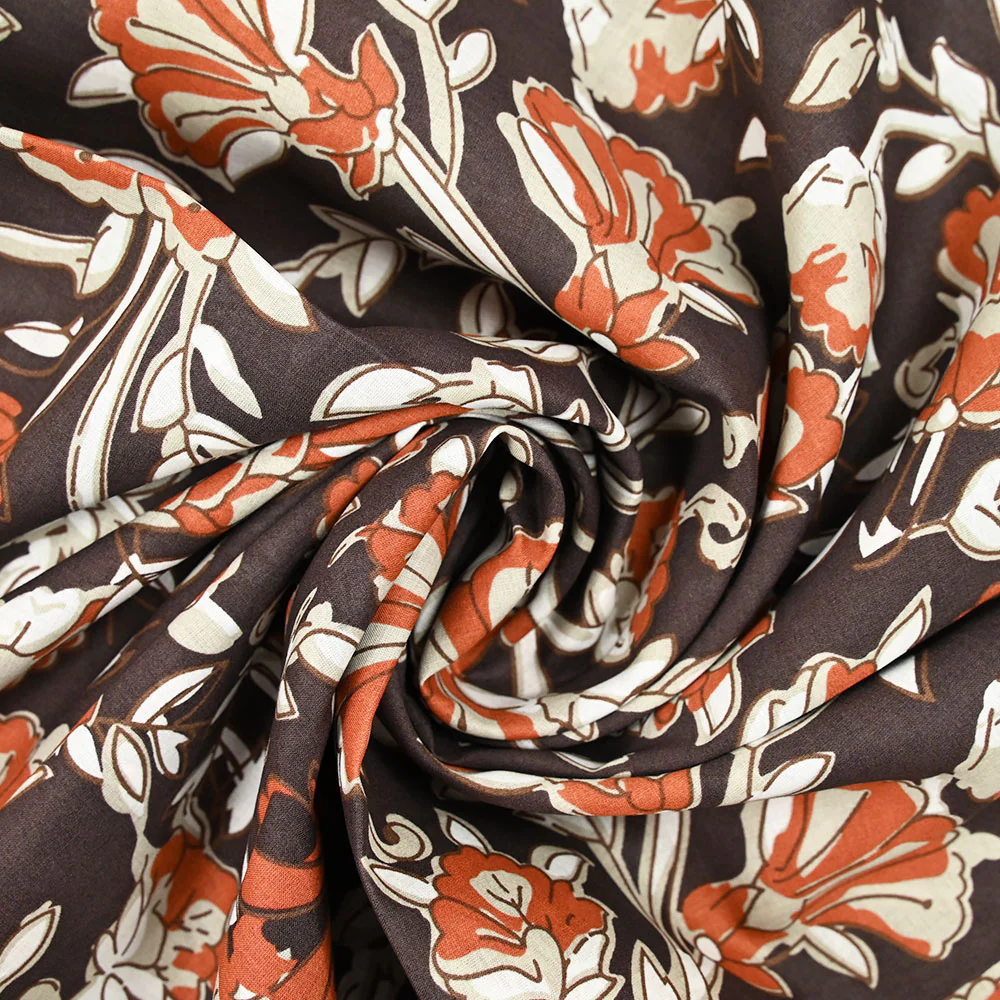 Coton indien imprimĂ© champĂȘtre brique et taupe fond marron - Image 2