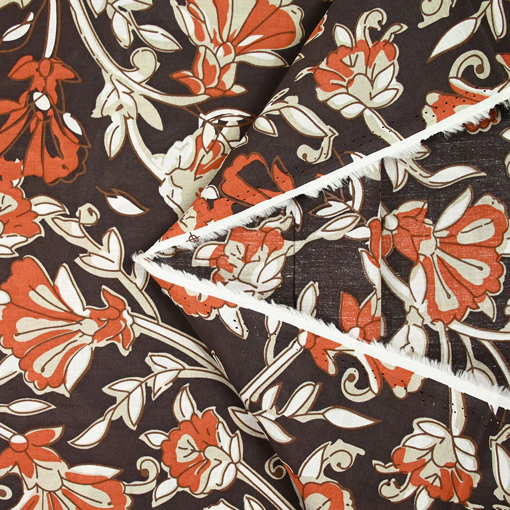 Coton indien imprimĂ© champĂȘtre brique et taupe fond marron - Image 5