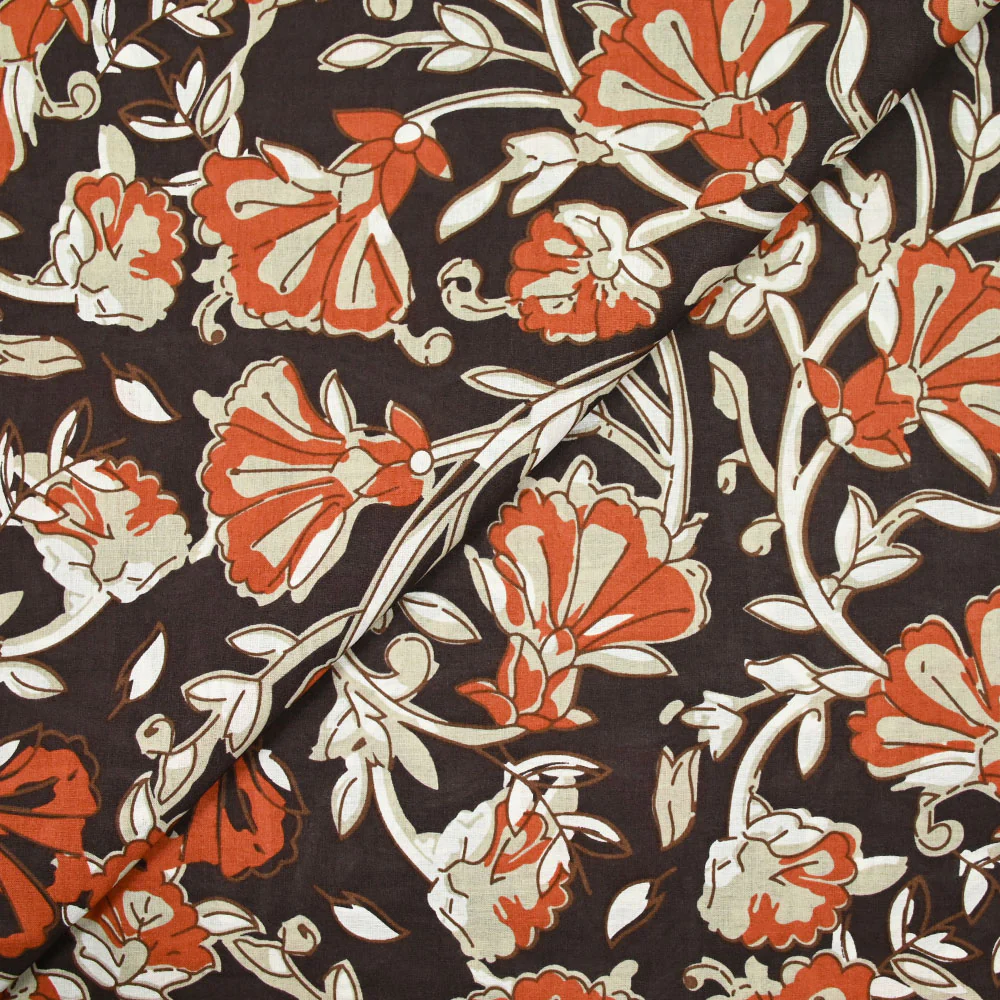 Coton indien imprimĂ© champĂȘtre brique et taupe fond marron - Image 6