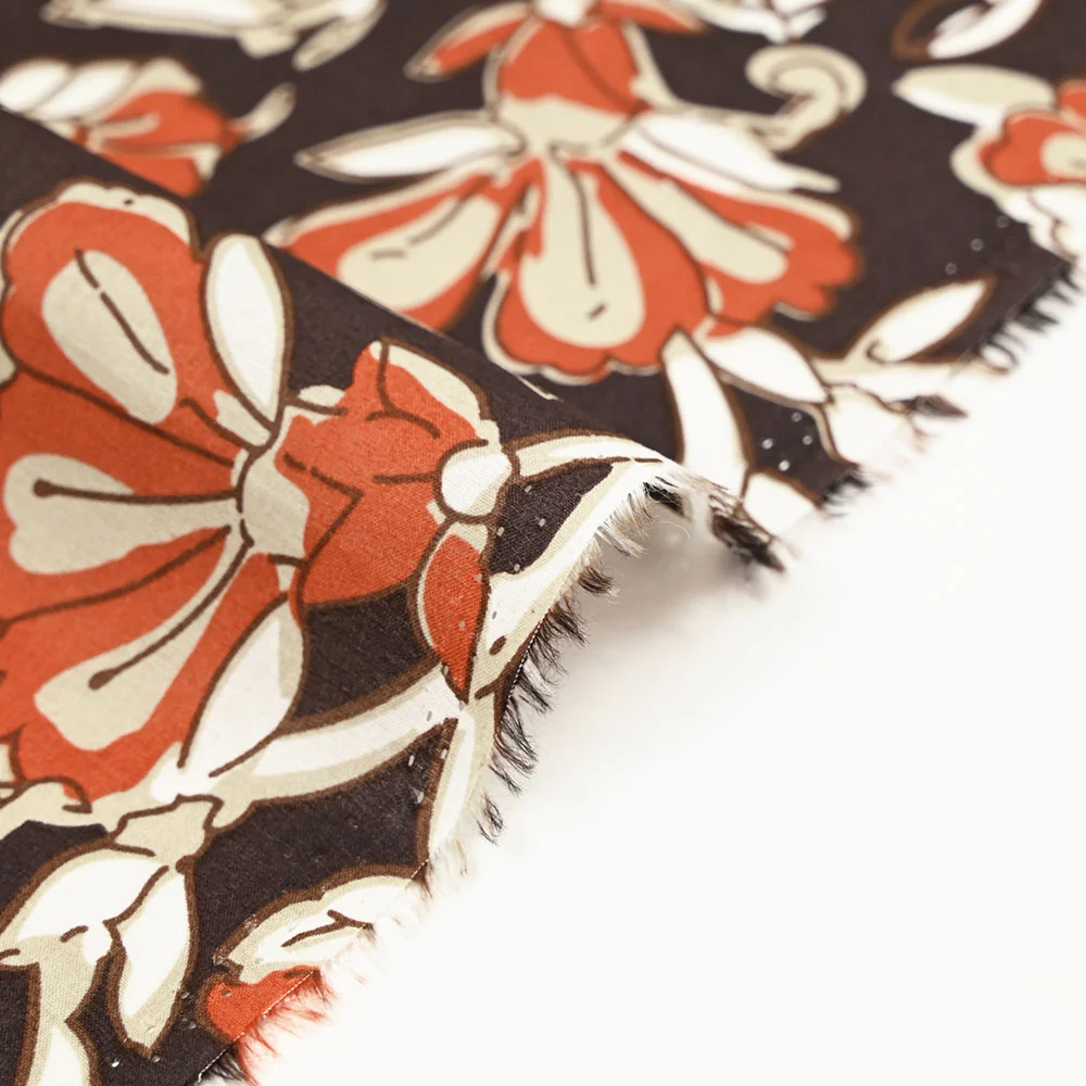 Coton indien imprimĂ© champĂȘtre brique et taupe fond marron - Image 7