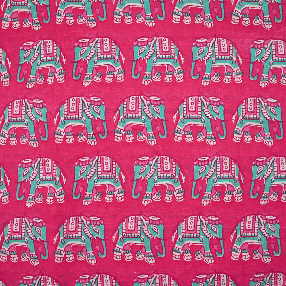 Coton indien imprimé éléphant turquoise fond rose