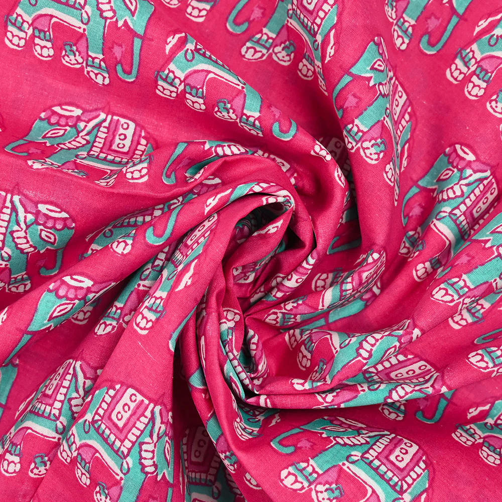 Coton indien imprimé éléphant turquoise fond rose - Image 2