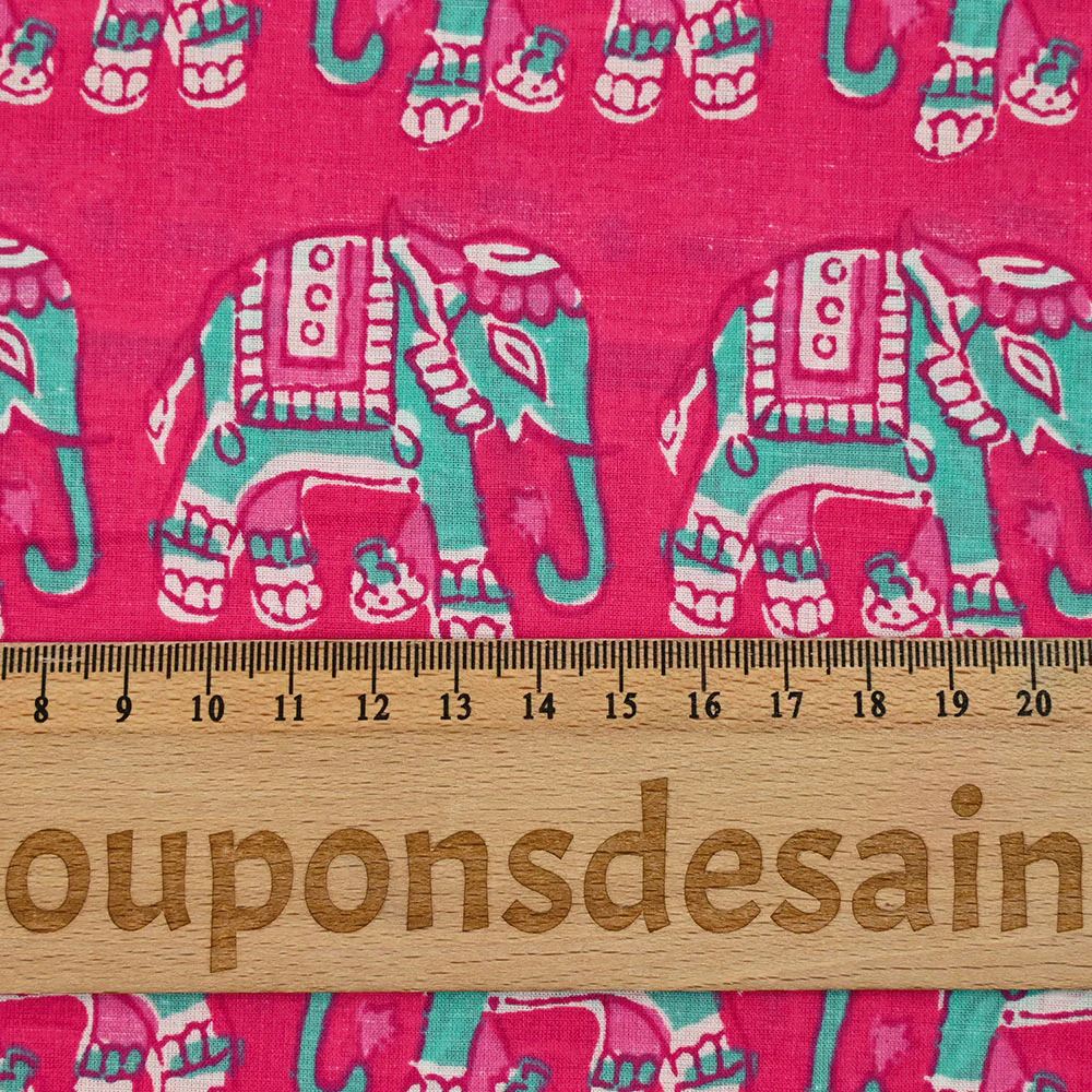 Coton indien imprimé éléphant turquoise fond rose - Image 3