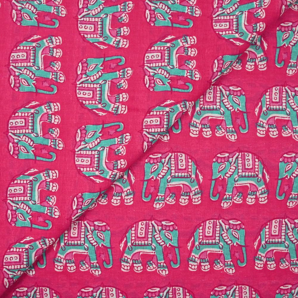 Coton indien imprimé éléphant turquoise fond rose - Image 4