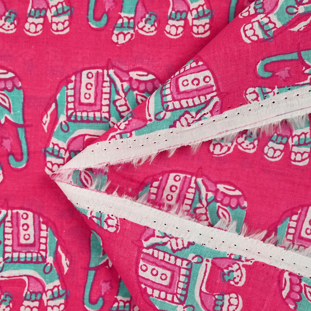 Coton indien imprimé éléphant turquoise fond rose - Image 5