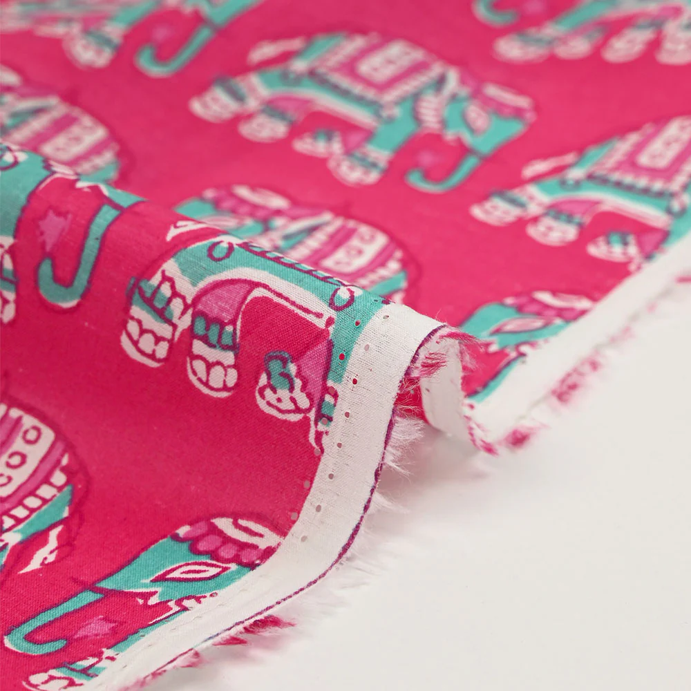 Coton indien imprimé éléphant turquoise fond rose - Image 6