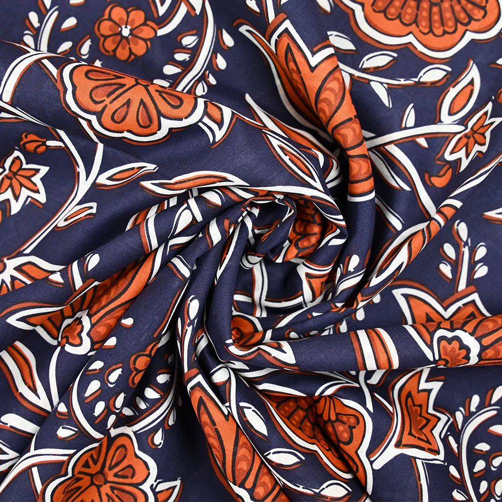Coton indien imprimé entrelacs de fleurs brique bleu marine - Image 2