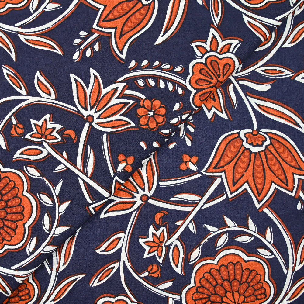 Coton indien imprimé entrelacs de fleurs brique bleu marine - Image 5