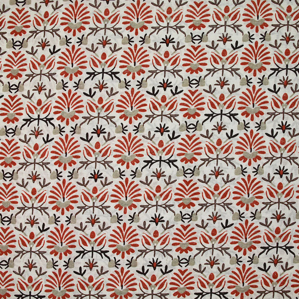 Coton indien imprimé fleurs brique et taupe fond blanc