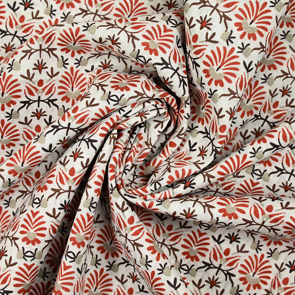 Coton indien imprimé fleurs brique et taupe fond blanc - Image 2