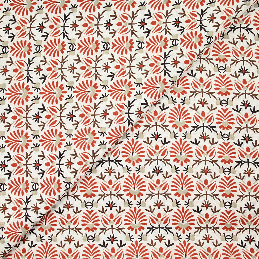 Coton indien imprimé fleurs brique et taupe fond blanc - Image 4