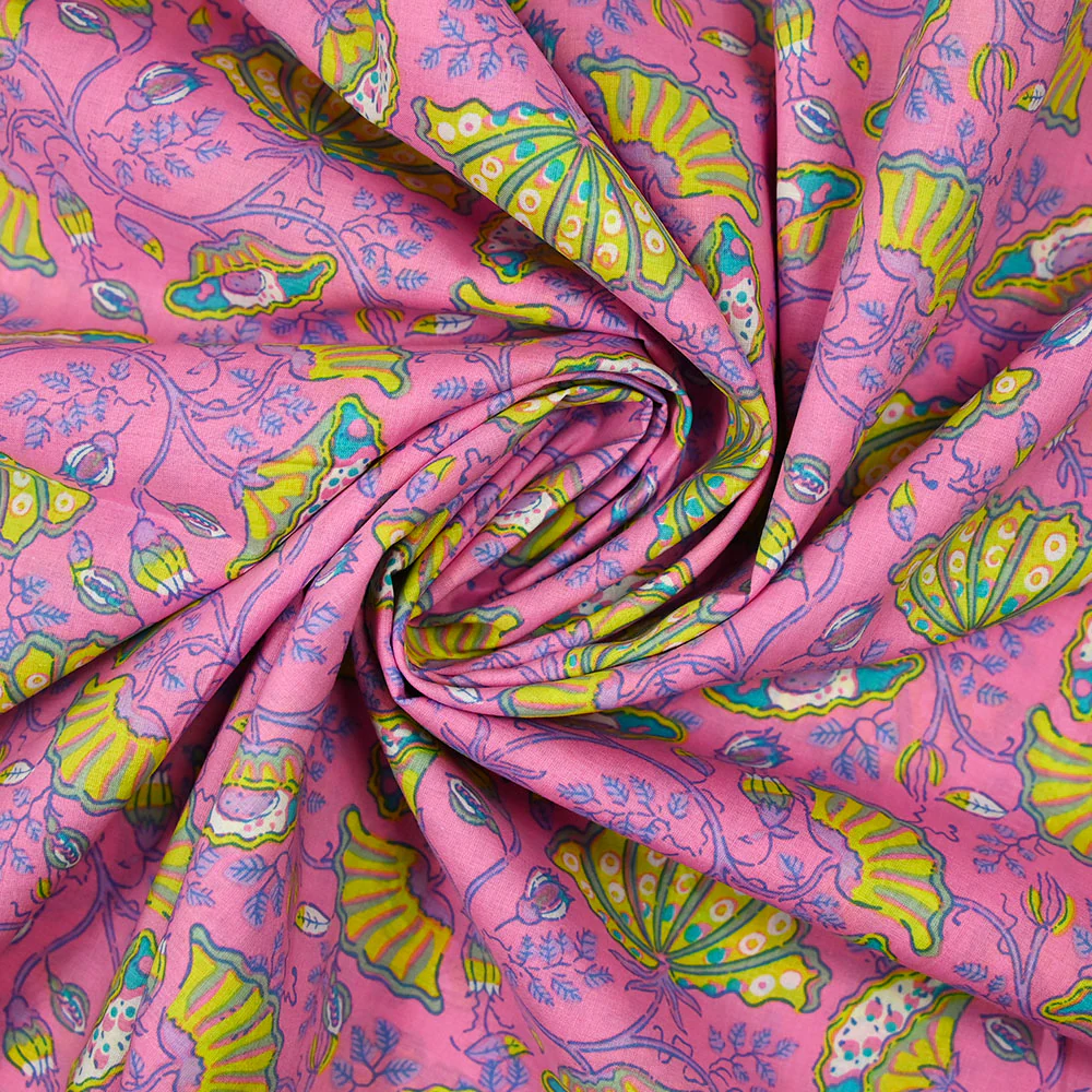 Coton indien imprimé Inaya jaune fond rose - Image 2