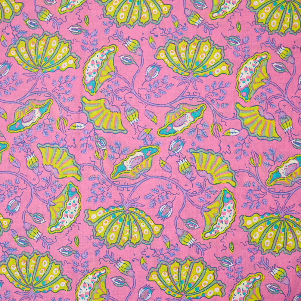 Coton indien imprimé Inaya jaune fond rose - Image 4
