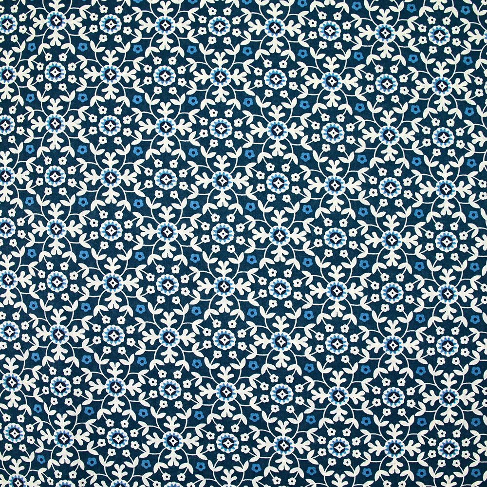 Coton indien imprimé mosaïque fleurie blanche fond bleu denim