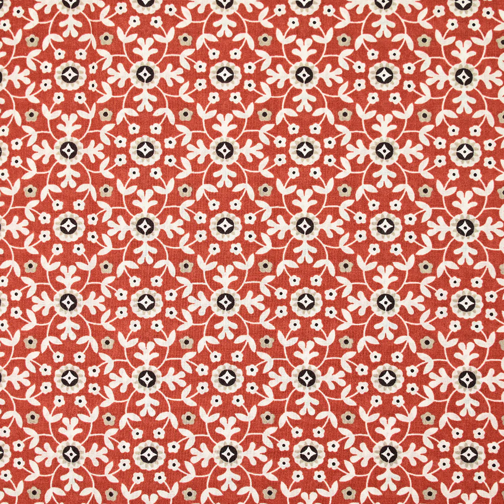 Coton indien imprimé mosaïque fleurie blanche fond brique