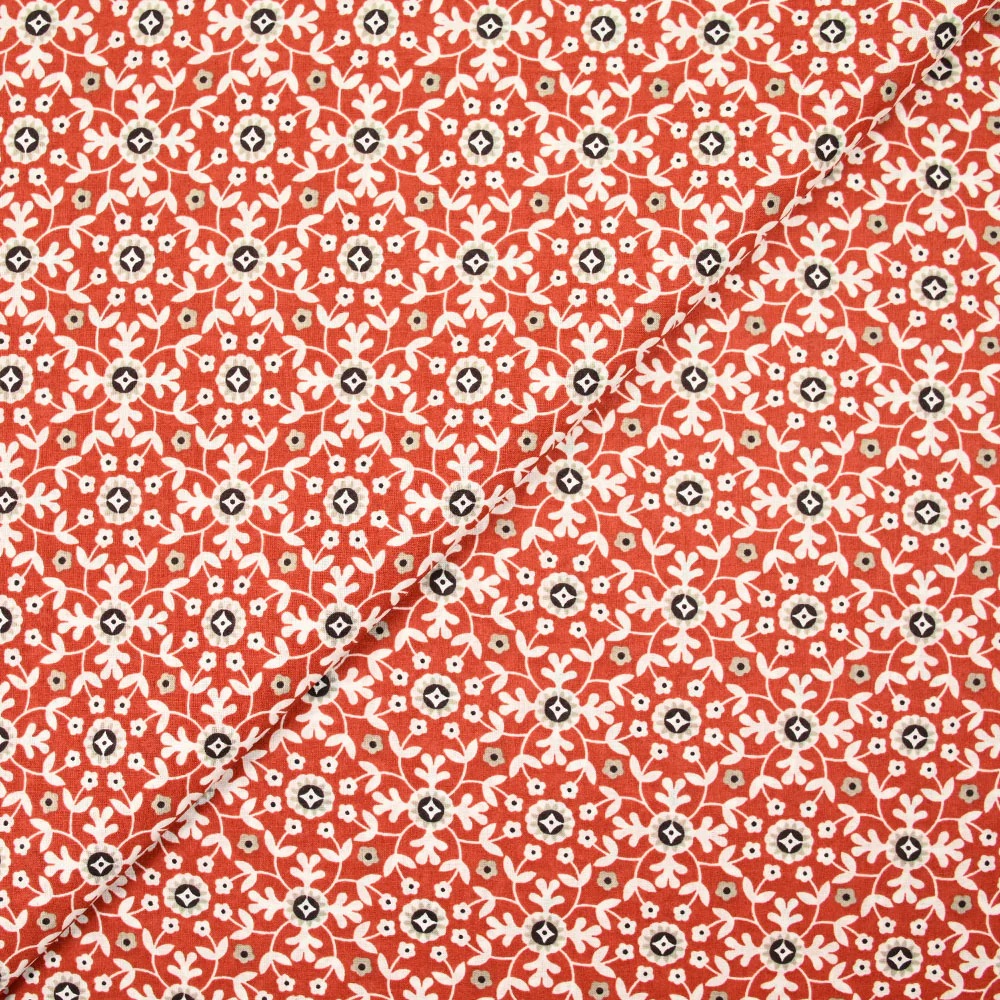 Coton indien imprimé mosaïque fleurie blanche fond brique - Image 4