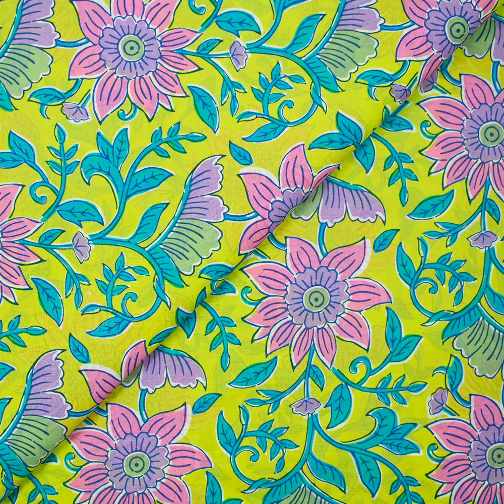 Coton indien imprimé Parvati turquoise et rose fond jaune