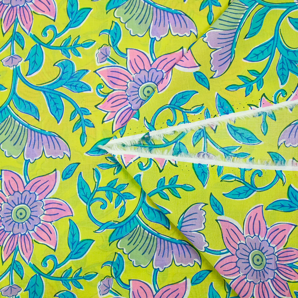 Coton indien imprimé Parvati turquoise et rose fond jaune - Image 4