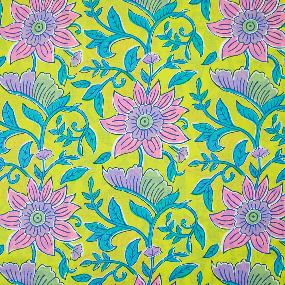 Coton indien imprimé Parvati turquoise et rose fond jaune - Image 5