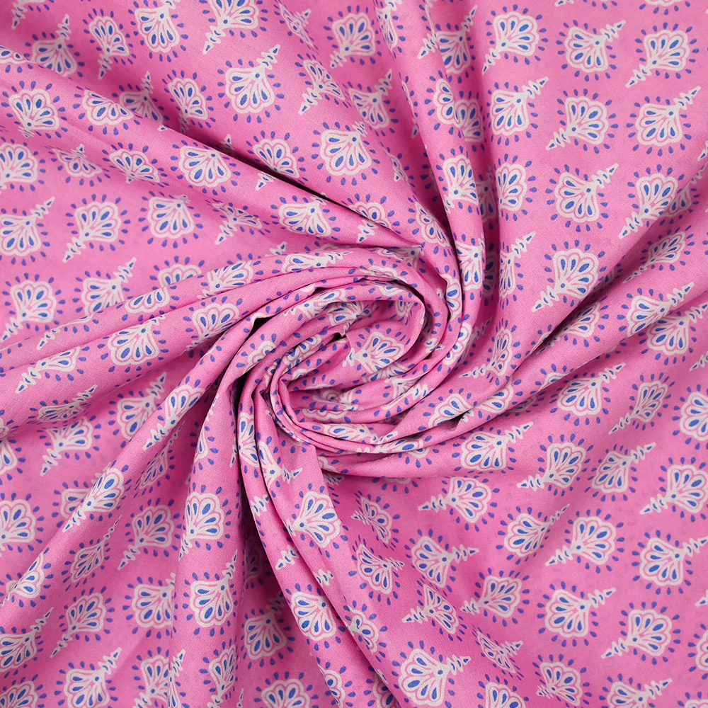 Coton indien imprimé Radha bleu fond rose - Image 2