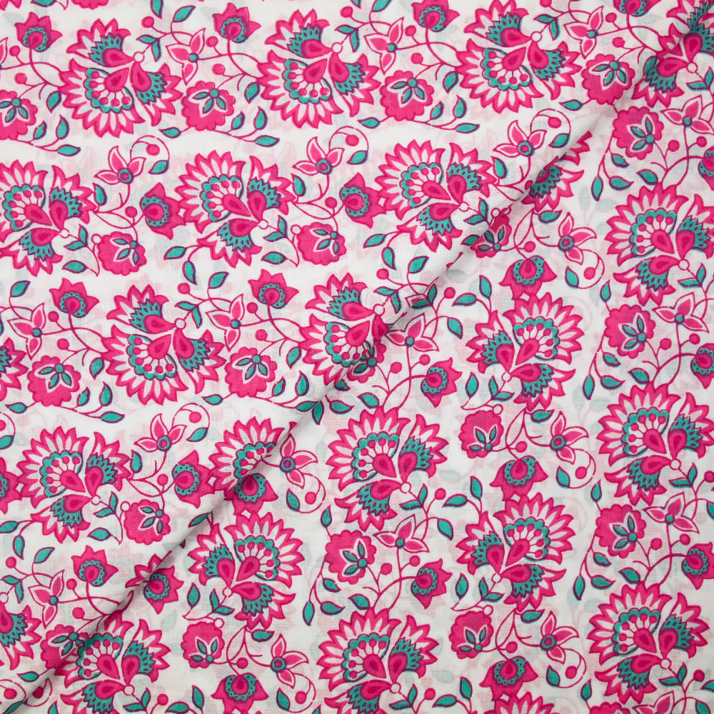 Coton indien imprimé Sandhya turquoise et rose fond blanc