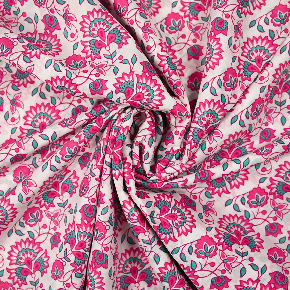 Coton indien imprimé Sandhya turquoise et rose fond blanc - Image 2