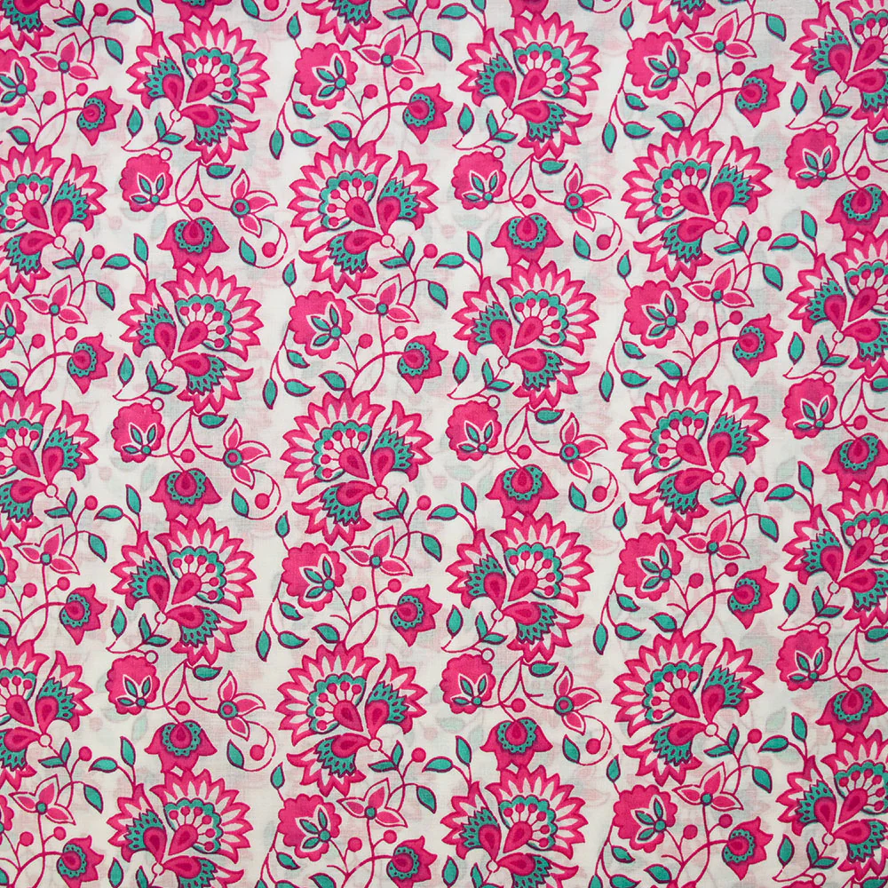 Coton indien imprimé Sandhya turquoise et rose fond blanc - Image 4
