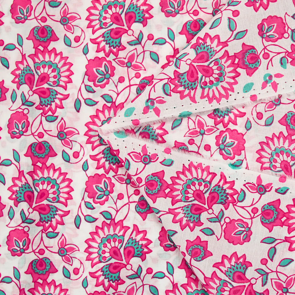 Coton indien imprimé Sandhya turquoise et rose fond blanc - Image 5
