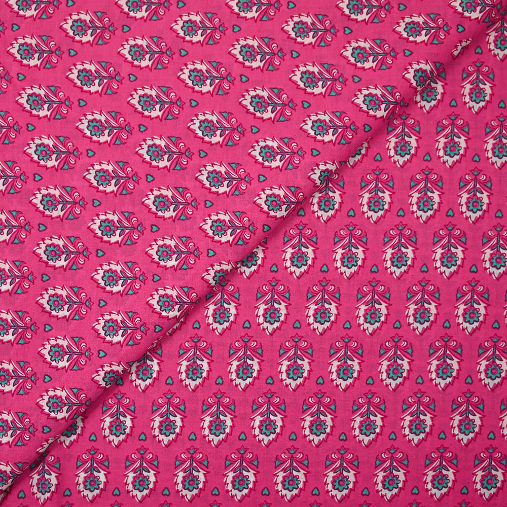 Coton indien imprimé Sati turquoise et blanc fond rose