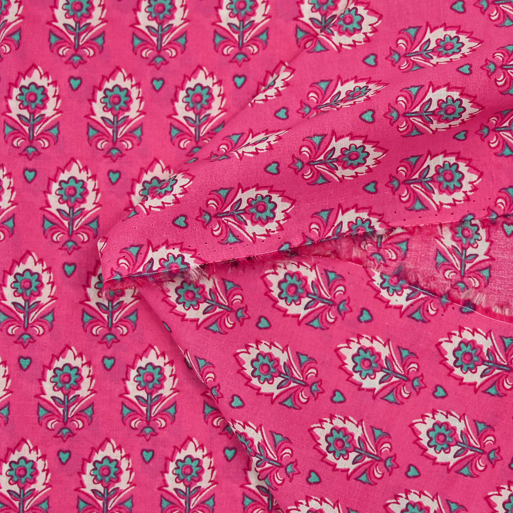 Coton indien imprimé Sati turquoise et blanc fond rose - Image 4