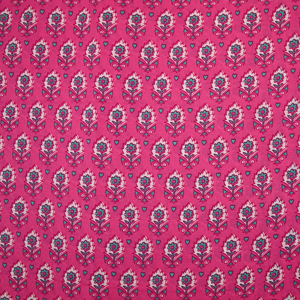 Coton indien imprimé Sati turquoise et blanc fond rose - Image 5