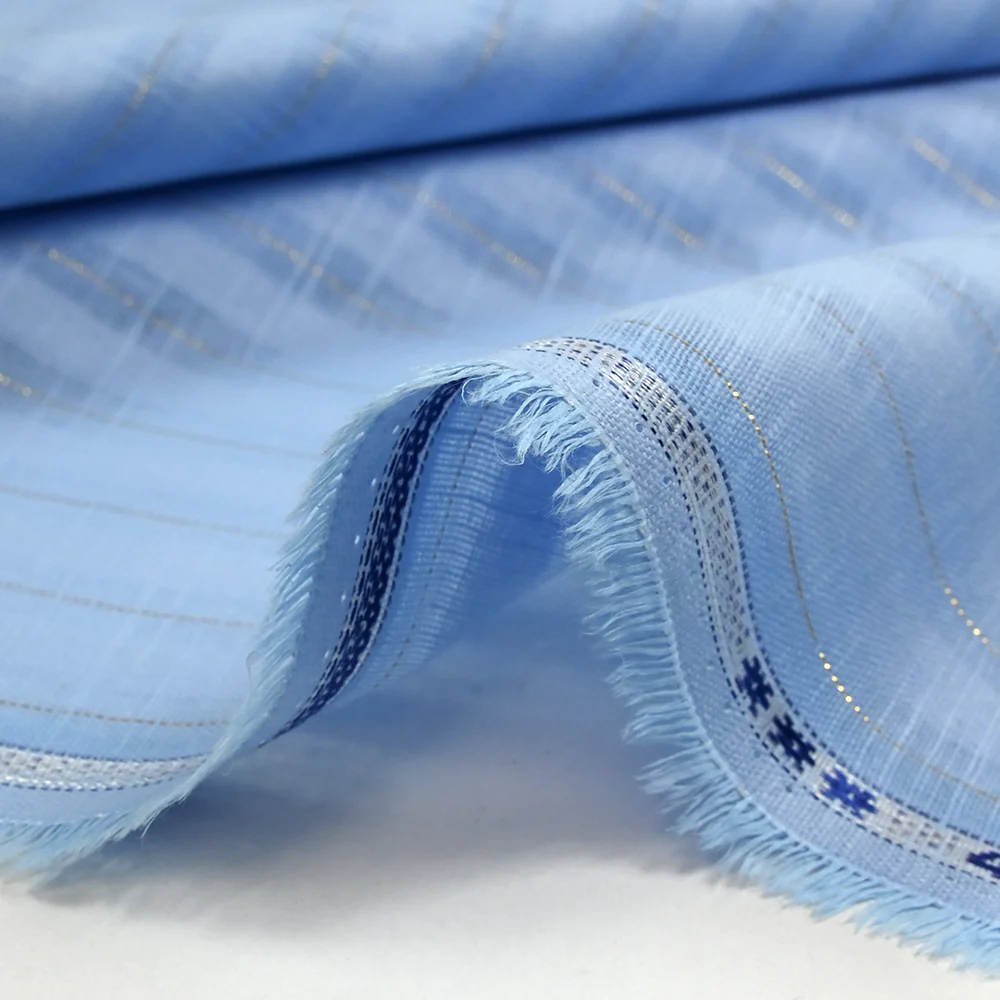 Coton lin rayé Lurex doré fond bleu layette - Image 9