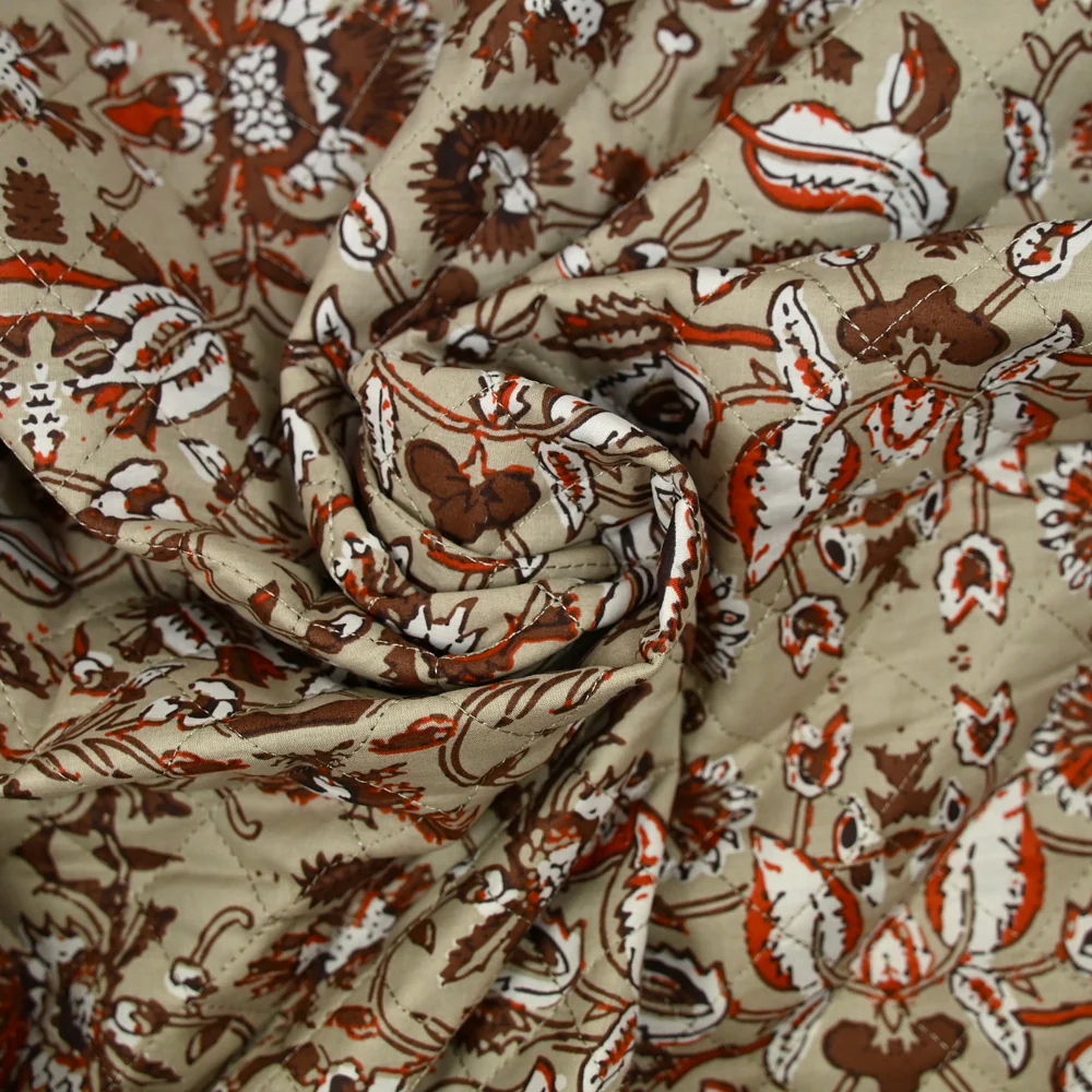 Coton matelassé double face cercle et fleurs marron au mètre - Image 2